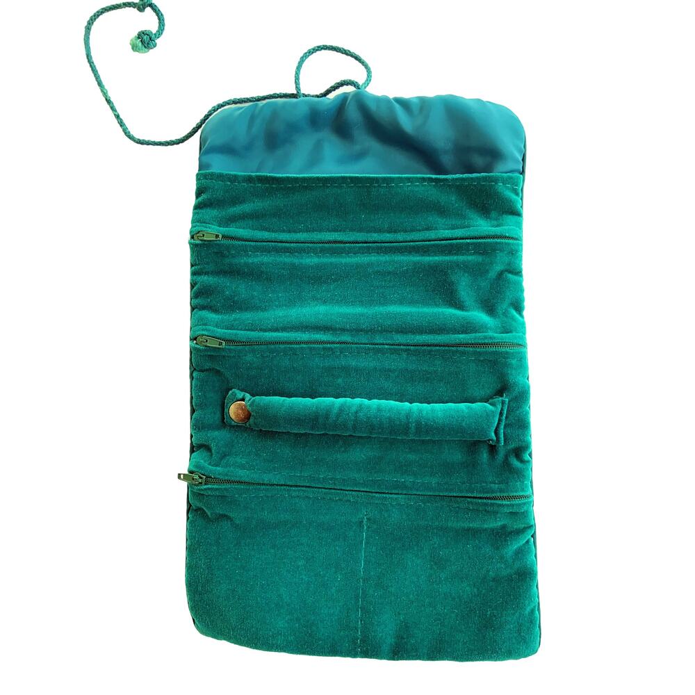 Vintage Jewelry Holder Organizer Roll Up Purse Bag Green Zipped Pockets